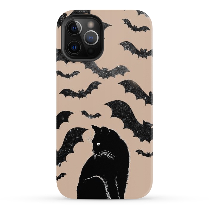 iPhone 12 Pro Max StrongFit Black cats and night sky bats - Halloween witchy illustration by Oana 