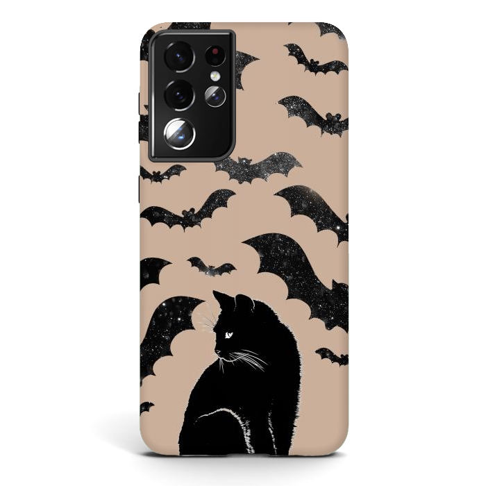 Galaxy S21 ultra StrongFit Black cats and night sky bats - Halloween witchy illustration by Oana 
