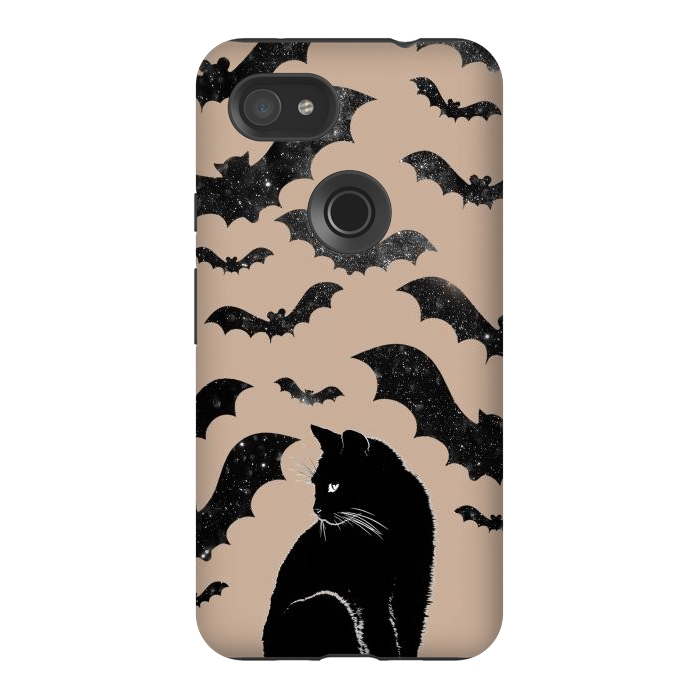 Pixel 3AXL StrongFit Black cats and night sky bats - Halloween witchy illustration by Oana 