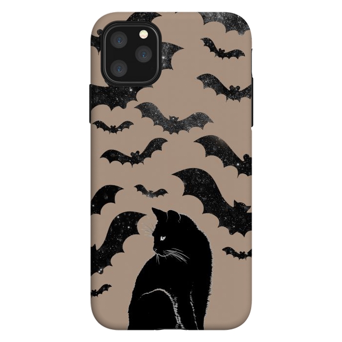 iPhone 11 Pro Max StrongFit Black cats and night sky bats - Halloween witchy illustration by Oana 