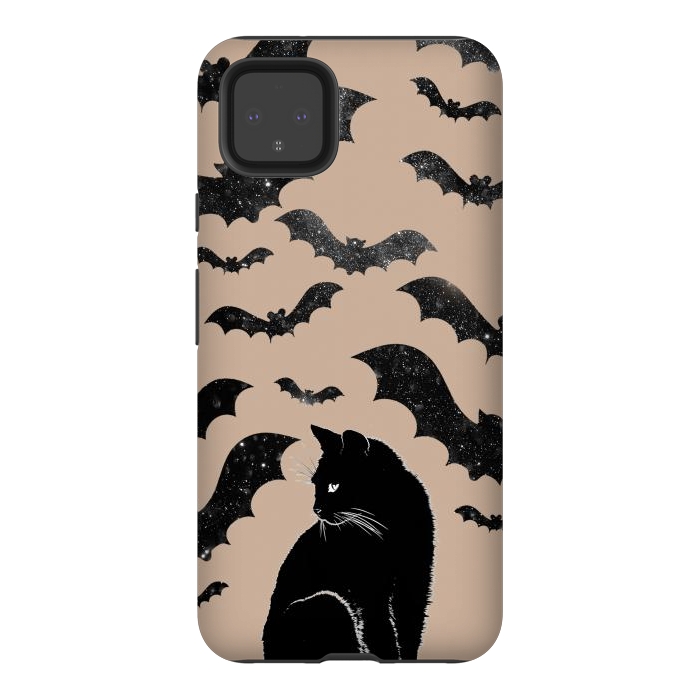 Pixel 4XL StrongFit Black cats and night sky bats - Halloween witchy illustration by Oana 