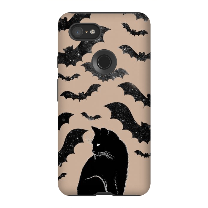 Pixel 3XL StrongFit Black cats and night sky bats - Halloween witchy illustration by Oana 