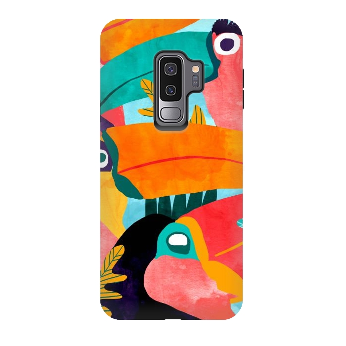 Galaxy S9 plus StrongFit Toucan Flock | Watercolor Modern Bohemian Wildlife Jungle Birds Colorful Painting by Uma Prabhakar Gokhale