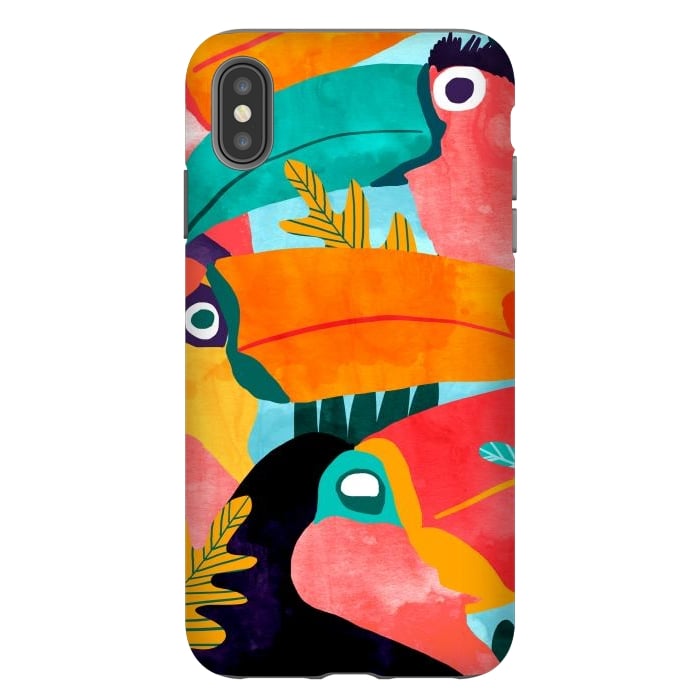 iPhone Xs Max StrongFit Toucan Flock | Watercolor Modern Bohemian Wildlife Jungle Birds Colorful Painting by Uma Prabhakar Gokhale