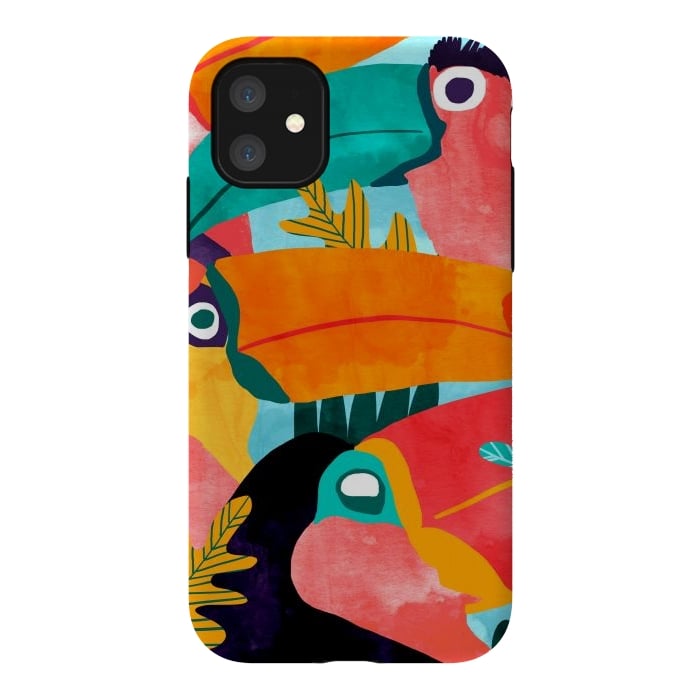 iPhone 11 StrongFit Toucan Flock | Watercolor Modern Bohemian Wildlife Jungle Birds Colorful Painting by Uma Prabhakar Gokhale