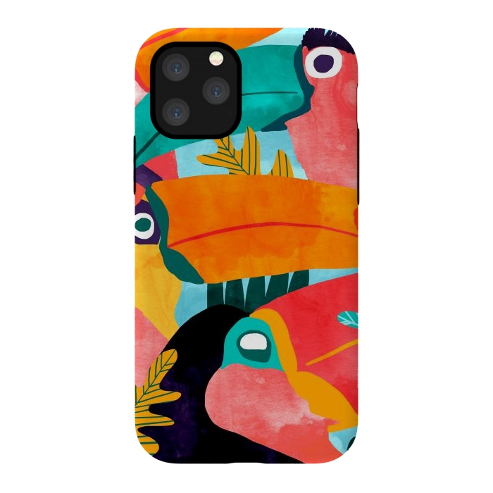 iPhone 11 Pro StrongFit Toucan Flock | Watercolor Modern Bohemian Wildlife Jungle Birds Colorful Painting by Uma Prabhakar Gokhale