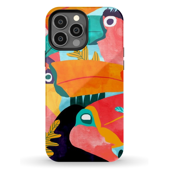 iPhone 13 Pro Max StrongFit Toucan Flock | Watercolor Modern Bohemian Wildlife Jungle Birds Colorful Painting by Uma Prabhakar Gokhale