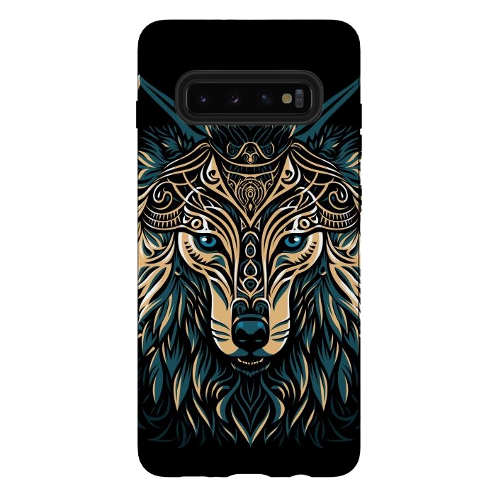 Galaxy S10 plus StrongFit Tribal golden shield wolf by Alberto