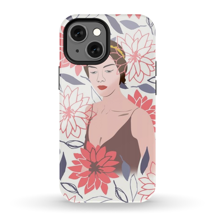 iPhone 12 mini StrongFit Shyly Girl, Woman Illustration Drawing, Minimal Tropical Boho by Creativeaxle