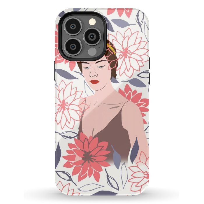 iPhone 13 Pro Max StrongFit Shyly Girl, Woman Illustration Drawing, Minimal Tropical Boho by Creativeaxle