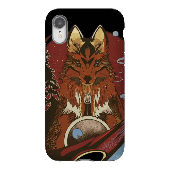 iPhone Xr StrongFit Wolf portrait with pine trees in the back by Josie