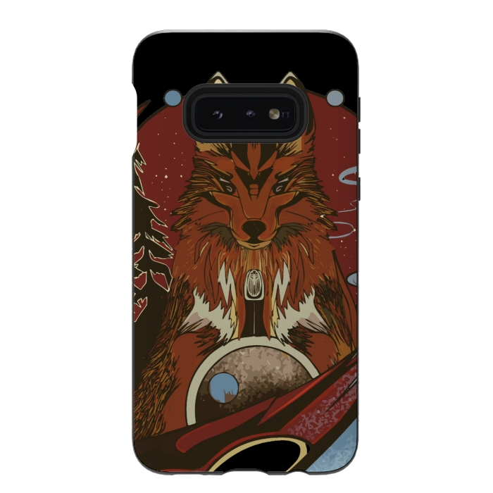 Galaxy S10e StrongFit Wolf portrait with pine trees in the back by Josie
