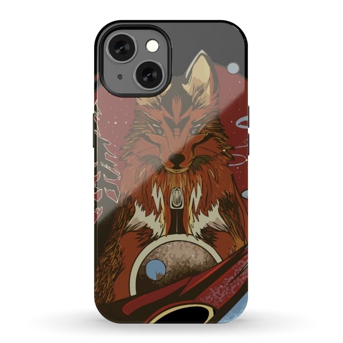 iPhone 13 StrongFit Wolf portrait with pine trees in the back by Josie