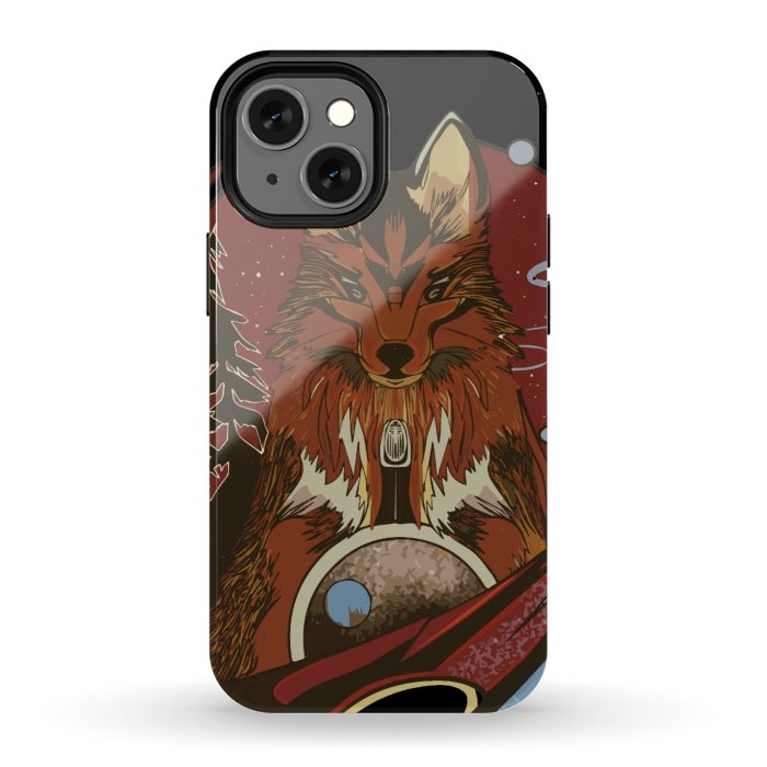 iPhone 13 mini StrongFit Wolf portrait with pine trees in the back by Josie