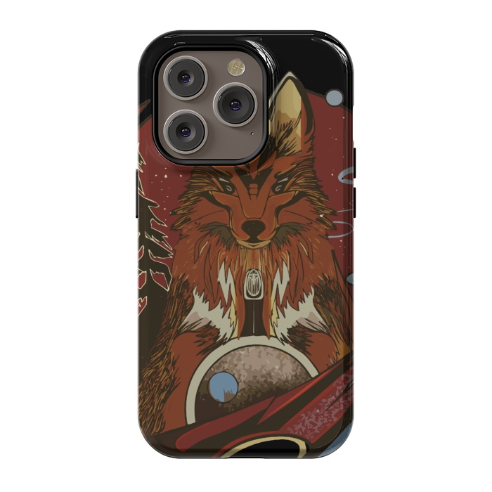 iPhone 14 Pro StrongFit Wolf portrait with pine trees in the back by Josie