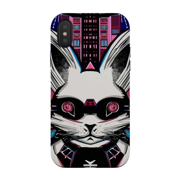 iPhone Xs / X StrongFit Neon cyberpunk rabbit with glowing eyes background  by Josie