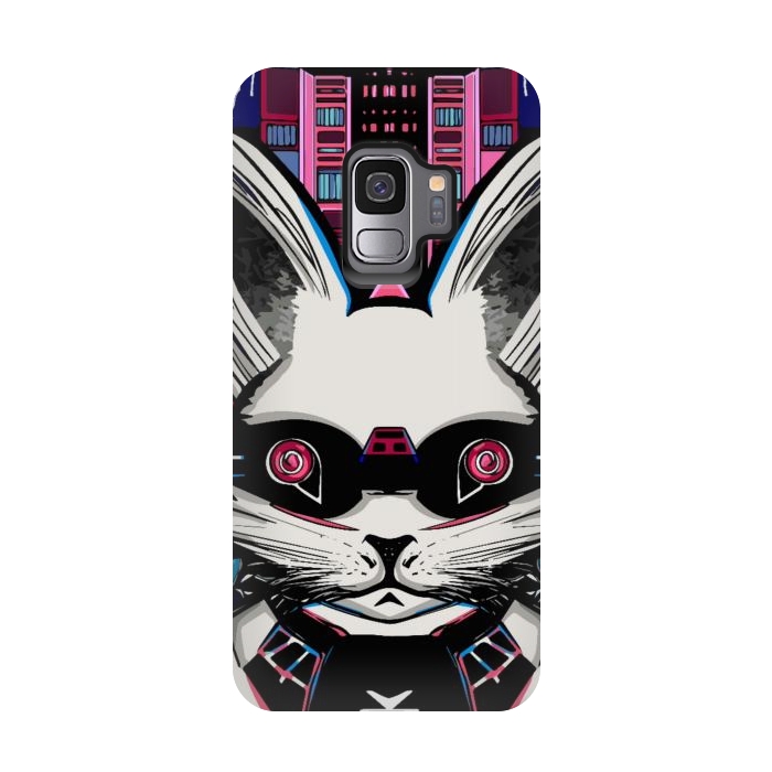 Galaxy S9 StrongFit Neon cyberpunk rabbit with glowing eyes background  by Josie