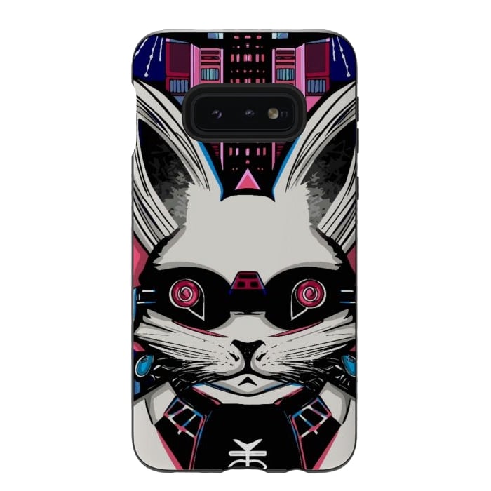 Galaxy S10e StrongFit Neon cyberpunk rabbit with glowing eyes background  by Josie