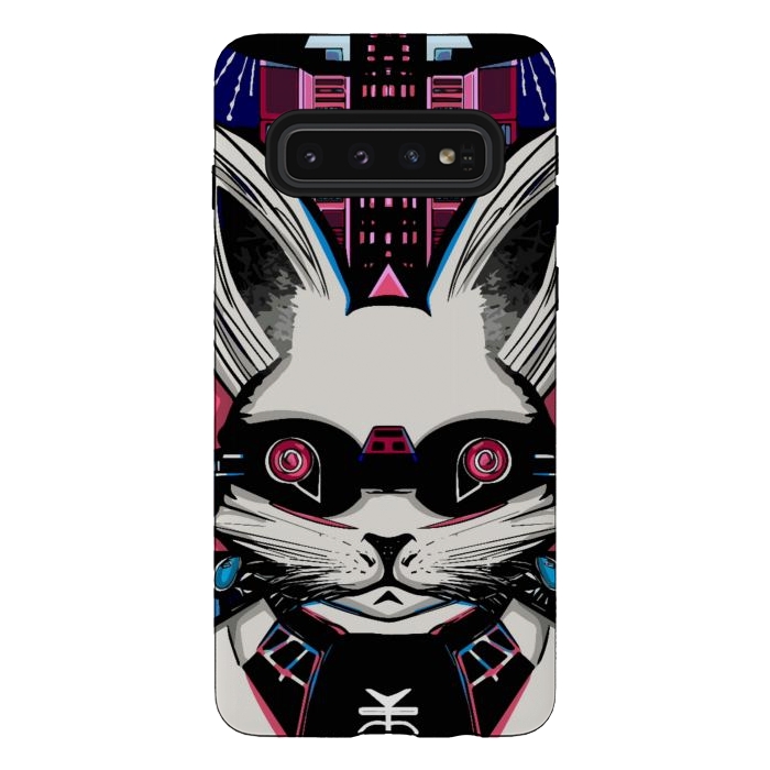 Galaxy S10 StrongFit Neon cyberpunk rabbit with glowing eyes background  by Josie