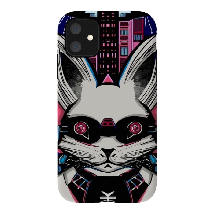 iPhone 11 StrongFit Neon cyberpunk rabbit with glowing eyes background  by Josie