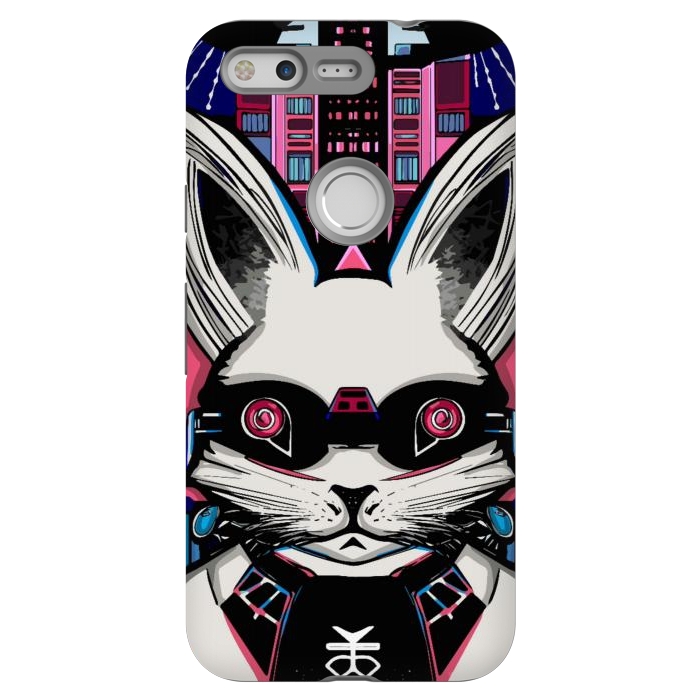 Pixel StrongFit Neon cyberpunk rabbit with glowing eyes background  by Josie