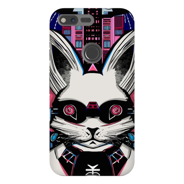 Pixel XL StrongFit Neon cyberpunk rabbit with glowing eyes background  by Josie