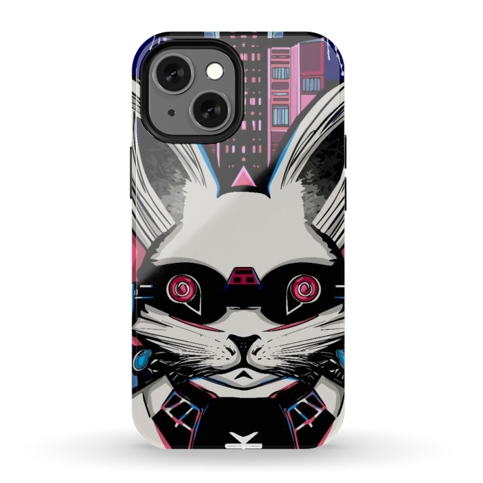 iPhone 12 mini StrongFit Neon cyberpunk rabbit with glowing eyes background  by Josie