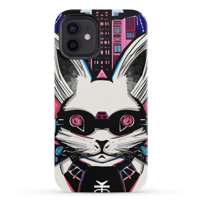 iPhone 12 StrongFit Neon cyberpunk rabbit with glowing eyes background  by Josie
