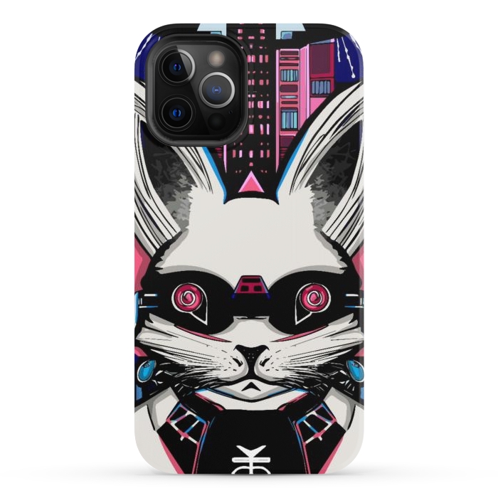 iPhone 12 Pro StrongFit Neon cyberpunk rabbit with glowing eyes background  by Josie