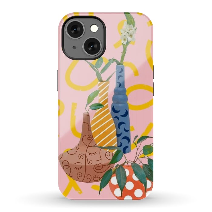 iPhone 13 StrongFit Modern Botanicals, Abstract Plant Pots, Quirky Nature Bohemian, Contemporary Décor by Uma Prabhakar Gokhale