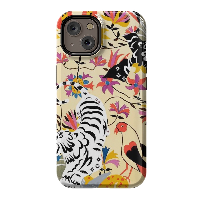 iPhone 14 StrongFit Yin Yang, Vintage Botanical Tiger Jungle, Balance Positivity Peace, Forest Animals Wild Cat by Uma Prabhakar Gokhale