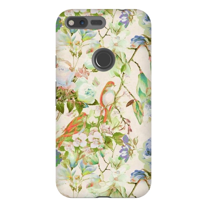 Pixel XL StrongFit Romantic birds and flowers - watercolor vintage botanical illustration by Oana 