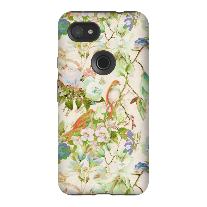 Pixel 3AXL StrongFit Romantic birds and flowers - watercolor vintage botanical illustration by Oana 