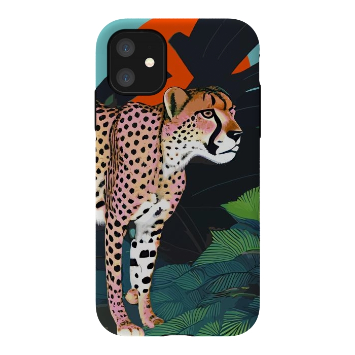 iPhone 11 StrongFit The Cheetah, Tropical Jungle Animals, Mystery Wild Cat, Wildlife Forest Vintage Nature Painting by Uma Prabhakar Gokhale