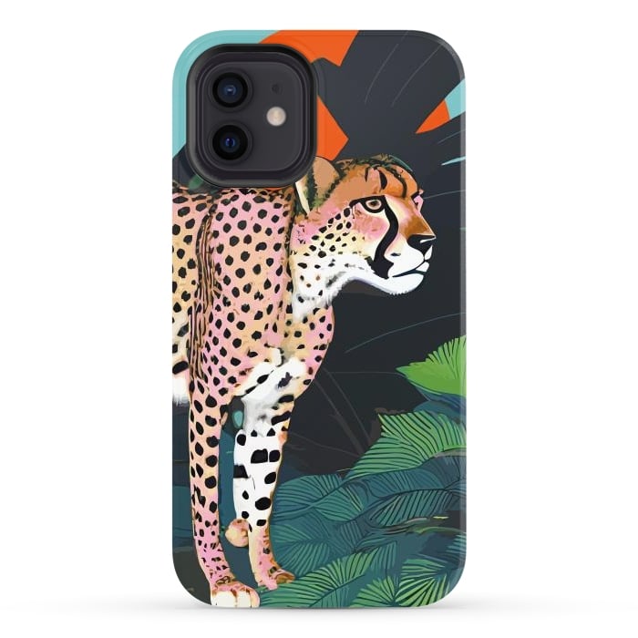 iPhone 12 StrongFit The Cheetah, Tropical Jungle Animals, Mystery Wild Cat, Wildlife Forest Vintage Nature Painting by Uma Prabhakar Gokhale