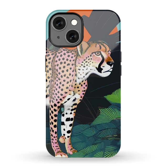 iPhone 13 StrongFit The Cheetah, Tropical Jungle Animals, Mystery Wild Cat, Wildlife Forest Vintage Nature Painting by Uma Prabhakar Gokhale