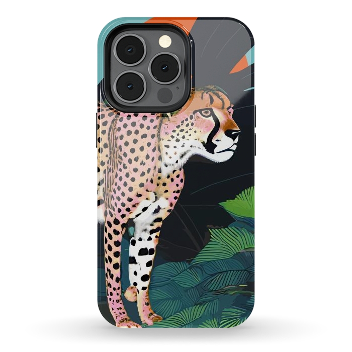 iPhone 13 pro StrongFit The Cheetah, Tropical Jungle Animals, Mystery Wild Cat, Wildlife Forest Vintage Nature Painting by Uma Prabhakar Gokhale