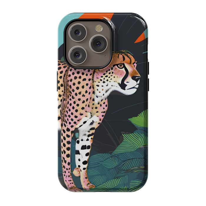 iPhone 14 Pro StrongFit The Cheetah, Tropical Jungle Animals, Mystery Wild Cat, Wildlife Forest Vintage Nature Painting by Uma Prabhakar Gokhale