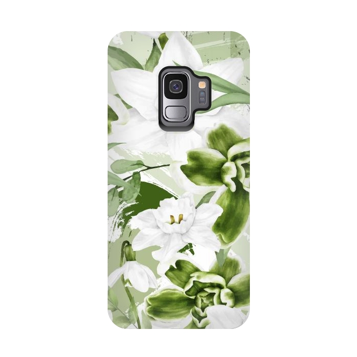 Galaxy S9 StrongFit White Watercolor Flowers 1 by Bledi