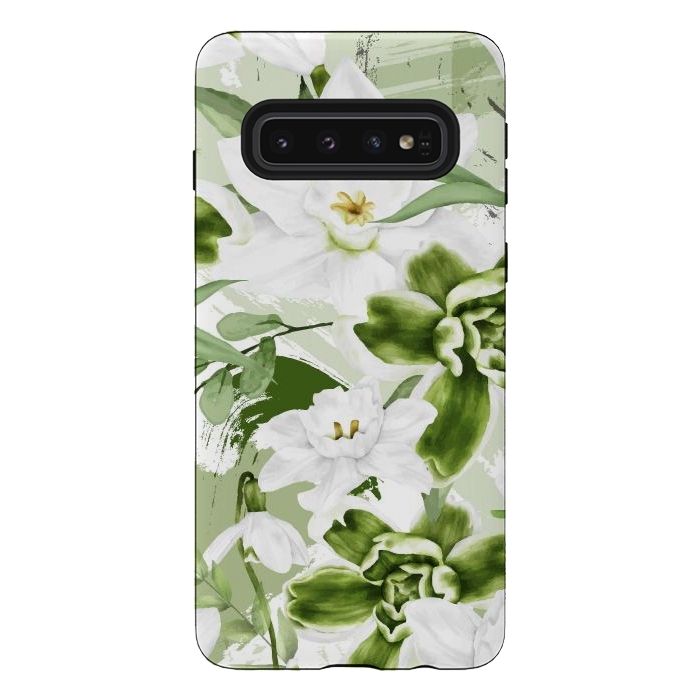 Galaxy S10 StrongFit White Watercolor Flowers 1 by Bledi