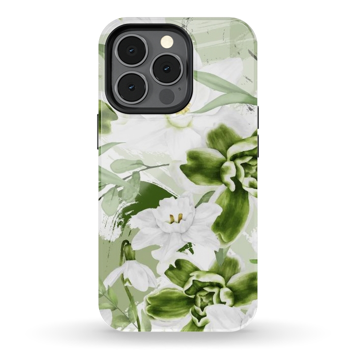 iPhone 13 pro StrongFit White Watercolor Flowers 1 by Bledi
