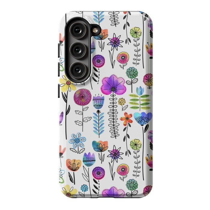 Galaxy S23 StrongFit Bright Watercolor and Line Art Flowers by Noonday Design