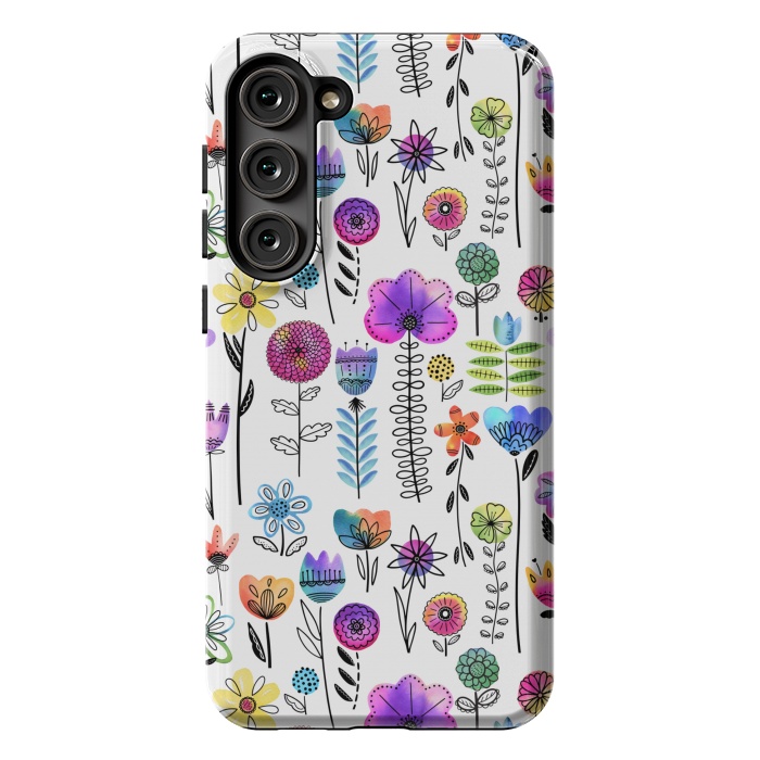Galaxy S23 Plus StrongFit Bright Watercolor and Line Art Flowers by Noonday Design