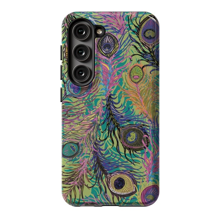 Galaxy S23 StrongFit Peacock Feathers in Lime Green & Pink by Lotti Brown