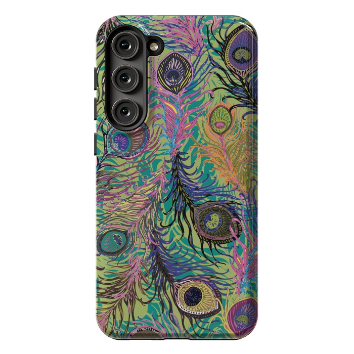 Galaxy S23 Plus StrongFit Peacock Feathers in Lime Green & Pink by Lotti Brown