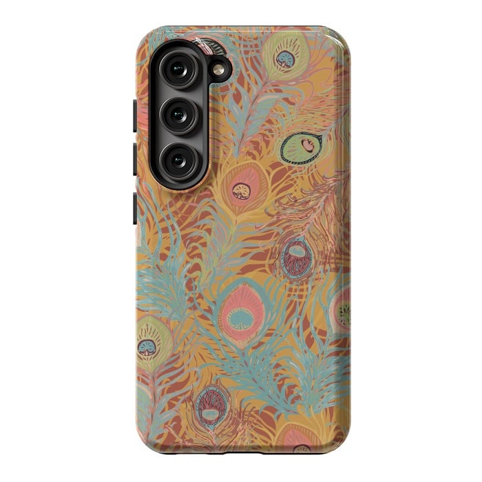 Galaxy S23 StrongFit Peacock Feathers - Soft Coral by Lotti Brown