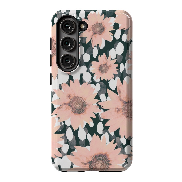 Galaxy S23 StrongFit Pink flower petals and paint dots by Oana 