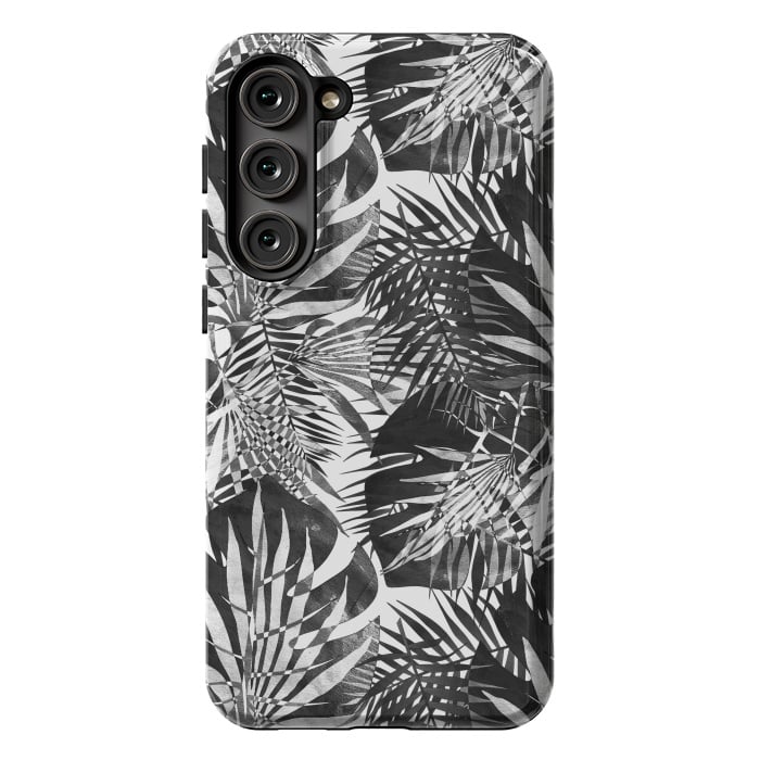 Galaxy S23 Plus StrongFit Black and white tropical leaves illusion by Oana 