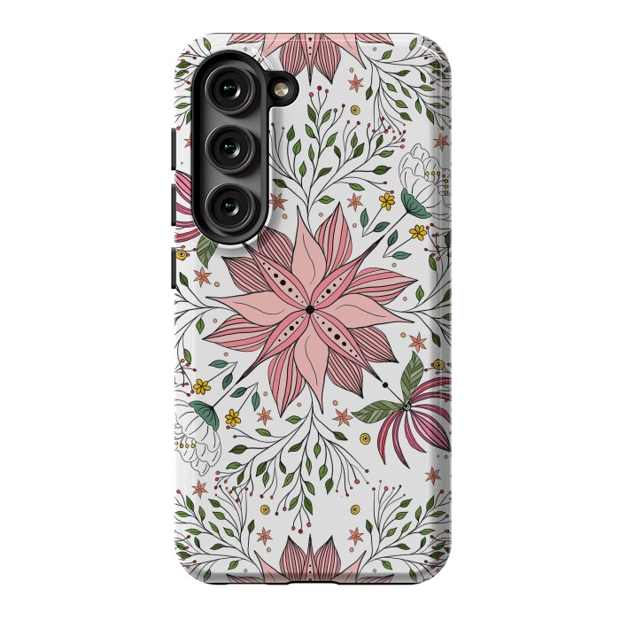 Galaxy S23 StrongFit Cute Vintage Pink Floral Doodles Tile Art by InovArts