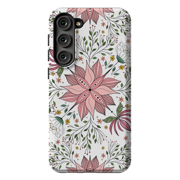 Galaxy S23 Plus StrongFit Cute Vintage Pink Floral Doodles Tile Art by InovArts